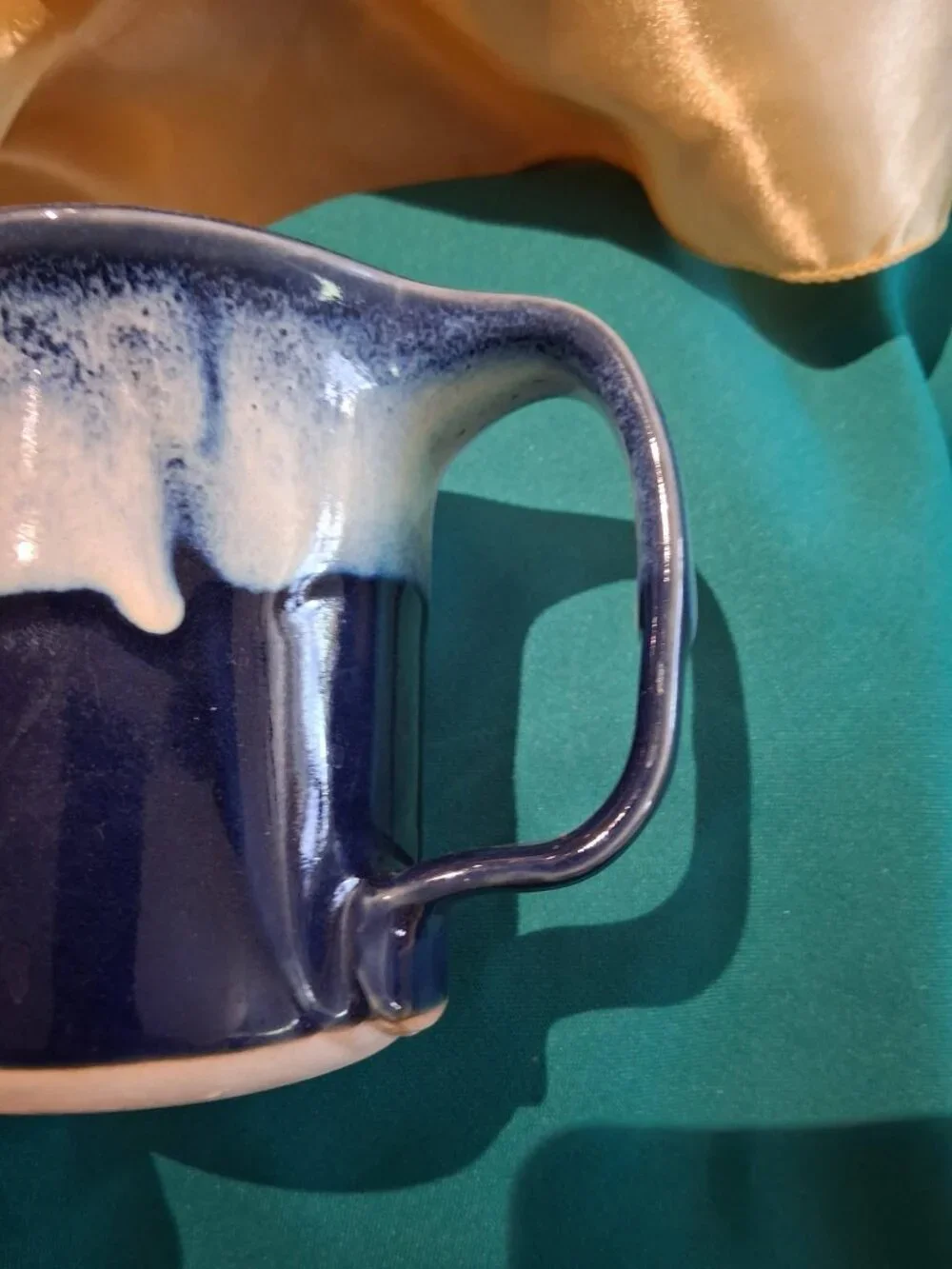 Vintage Bay Pottery Blue & White Drip Glaze Stoneware Coffee Mug Signed